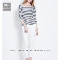 Large size womens five-point sleeve one-piece collar top Autumn womens striped navy style t-shirt mid-sleeve slim slim bottoming shirt