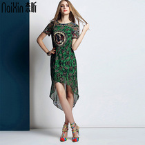 Naixin customized 2583 women fashion new round neck short sleeve slim waist print irregular dress