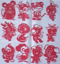 The new red cartoon zodiac paper cut window flower sticker pure hand-engraved paper red rice paper size number pattern 1