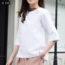 Cotton linen womens shirt summer casual loose buckle seven-quarter sleeve T-shirt linen top hemp medium sleeve white shirt