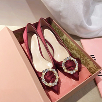 IT womens shoes 2020 new high heels pointed thin heel medium heel rhinestone square buckle satin joker single shoes wedding shoes