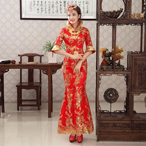 2020 new golden silk phoenix Chinese wedding dress red toast dress fishtail vintage bridal cheongsam