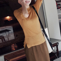 UJIA knitted short sleeve T-shirt female 2021 summer new Korean side open fork loose slim top base shirt
