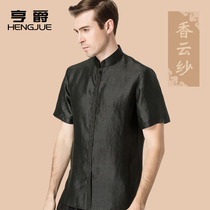 Chinese style mens silk short sleeve shirt mens retro collar embroidery mulberry silk shirt loose size top size shirt