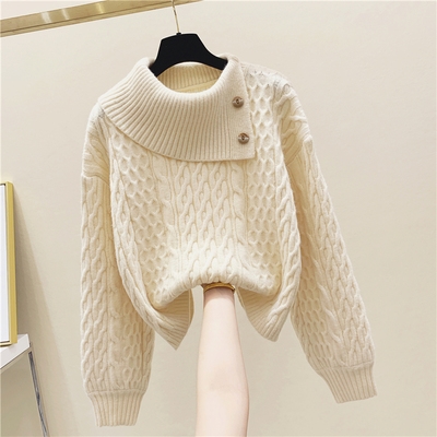 Irregular large turtlenecks coarse line sweater womens autumn and winter retro outside wearing sets loose and lazy sloth-knit cardiovert blouse