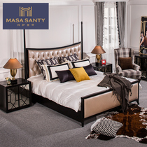 American double bed leather art master bedroom 1 8 m high-grade leather cowhide single bed solid wood nightstand can be customized