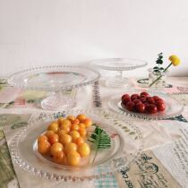 Mengtian Liangpin] Lace round beads glass plate fruit plate high foot glass cake plate dessert plate