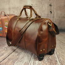 Vintage first layer cowhide leather mens travel luggage trolley case boarding leather Hand bag shoulder mens bag luggage bag