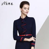 Wuyi Lane spring and autumn frock dress overalls fashion hidden blue contrast ruffle stitching professional skirt