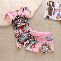 European And European Wind Tiger Head Casual Suit Womens Summer Fashion Personality Print Old Tiger Head T-Shirt Shorts Women Suit Slim