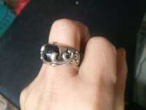 French 1900 inlaid black jewel pure silver ring thick and heavy
