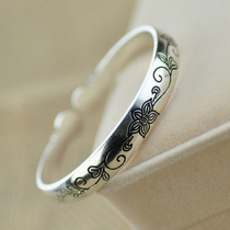 National retro fashion Miao silver handmade carved bracelet auspicious rich flower womens ethnic style jewelry