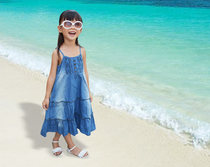 Pure Cotton Denim Harness one-piece dress with dress Long dress Swing girls foreign trade