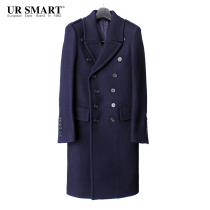 URSMART medium and long coat mens autumn and winter wool mens coat double-breasted coat mens coat
