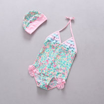 New Korean small floral one-piece retro halter neck swimsuit Baby Princess girls warm swimsuit with hat