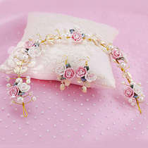 Korean sweet bridal headdress Mori female pastoral ceramic flower hair earrings set beach holiday hair accessories