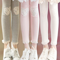 Girls Spring and Autumn Pure Cotton Leggings Childrens Korean Knee Love Trousers Baby Fashion Slim Fit Lace Pants
