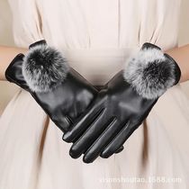 Cold-proof gloves autumn and winter touch screen gloves womens leather rabbit hair ball plus velvet padded warm pu gloves