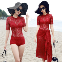 Red sexy hollow lace one-piece flat corner bikini three-piece swimsuit womens steel tray gathered with gauze sunscreen