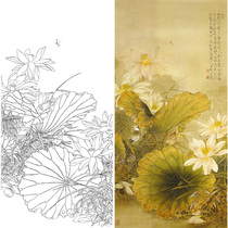 Meticulous painting white drawing draft four feet Lotus hook line physical printing manuscript 66*132 with color drawing 004T