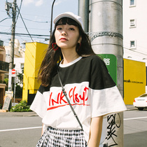 Deer and Bird Letter Printing Cotton Contrast Mosaic Black and White Crewneck Loose Short Sleeve Couple T-shirt Female 1208