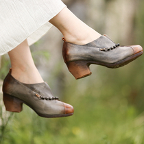Detoxing home miss your beautiful collage metal cover Bull Leather single shoe Retro genuine leather heel Heel Women Shoes