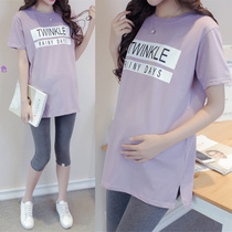 Pregnant Woman T-Shirt Summer Clothing Blouse Pure Cotton Short Sleeve Big Code Medium Long Letter Printed Fashion Boomer Suit Compassion