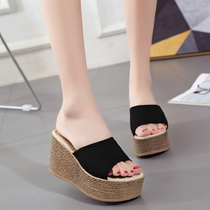 Summer 2021 new womens slippers wedge heel thick-soled high-heeled word fashion outer wear sandals ins tide muffin cool drag