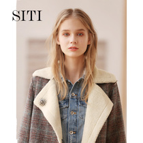 Siti British style womens imitation lamb wool tartan coat mid-length woolen lapel jacket thick spring and Autumn