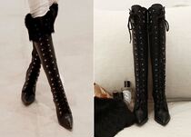 HChen Korea Direct mail high-end handmade custom trendy rabbit fur cow leather high heel tip and knee high cylinder boot
