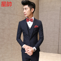 2020 spring Hair stylist striped suit mens Korean slim groom wedding dress Best man suit Three-piece suit