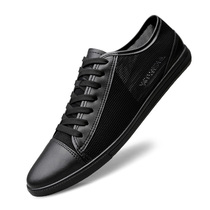 Summer Breathable Black Mesh Face Men Shoes Genuine Leather Hollowed-out White Board Shoes Men Youth Fashion Soft Bottom Sports Casual Shoes