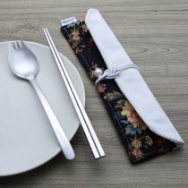 Han style 304 stainless steel chopsticks spoon suit fork spoon integrated square chopstick portable cutlery cotton numb cloth bag eco-friendly