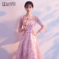  Small evening dress female 2021 new spring bridesmaid dress pink mid-length dress birthday party socialite dress thin