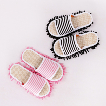 Spring and summer linen lazy floor wipe slippers classic stripe Japanese removable washable home wood floor mop slippers