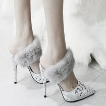 HChen Korea Handmade Custom Rabbit Fur Fur Grass Velvet Inlaid Drilling Light Lavish Sexy Heels