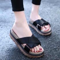 2020 summer womens cross slippers casual thick-bottomed beach womens slippers muffin fashion outer wear black slippers