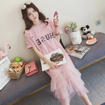 2021 summer maternity dress cotton loose short sleeve T-shirt medium and long mesh stitching pregnant woman fishtail skirt