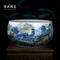 Jingdezhen high-grade blue and white hand-painted landscape ceramic water shallow fish tank calligraphy and painting tank water tank goldfish tank turtle tank