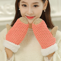 Gloves female winter Korean tide cute plus velvet thickened warm full finger student riding even finger wool knitted gloves