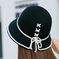 Retro woolen hat spring autumn winter lace-up bow fishermans basin hat dome British ladies topper trend