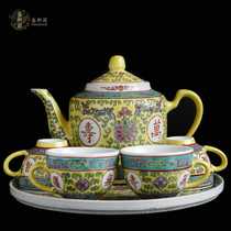 Jingdezhen Cultural Revolution porcelain old factory goods ceramic pastel hand-painted Wanshou Wujiang 6 tea set glaze up and down color tableware