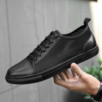 Summer Pure Blackboard Shoes Men Genuine Leather Hollowed-out Big Code Mesh Fabric Shoes 45 Genuine Leather Fashion Soft Bottom Casual Shoes 46 yards