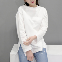 White base shirt female spring 2021 new long sleeve top Korean loose foreign style split round neck T-shirt
