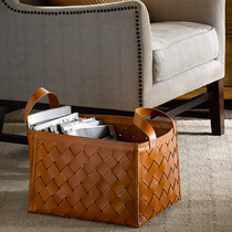 Harbor House imported genuine leather handwoven basket square with handle containing storage hamper Perseus