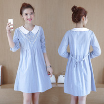 Maternity clothes spring and autumn new Korean fashion pregnant women striped shirt mid-length long-sleeved tide mother pregnant women dress