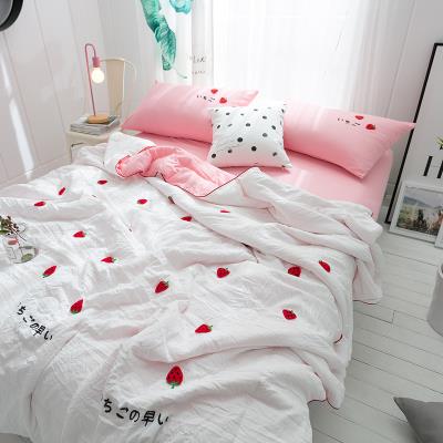 Washed cotton summer quilts three sets of air conditioner quilted double embroidered gift quilt solid color summer family of four