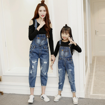Fashion parent-child denim overalls ninth mother womens summer dress ripped one-piece girls big childrens pants one-piece