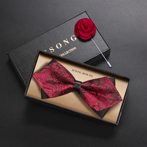 Wine red pattern groom bow tie male dress wedding best man banquet fashion brooch high-end wedding diamond bow tie