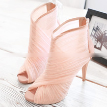 Korea handmade custom romantic mesh yarn overdraft bundle fish mouth sexy high heel pink and ankle short boots